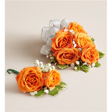 Orange Spray Corsage & Bout-Silver Bow